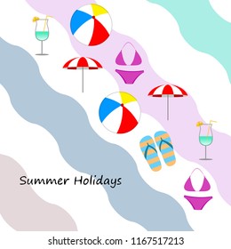 beach umbrella ball swimsuit flip flops cocktail summer holiday vector background
