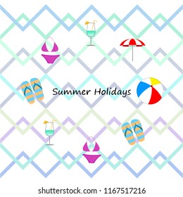 beach umbrella ball swimsuit flip flops cocktail summer holiday vector background