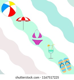 beach umbrella ball swimsuit flip flops cocktail summer holiday vector background