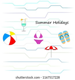 beach umbrella ball swimsuit flip flops cocktail summer holiday vector background