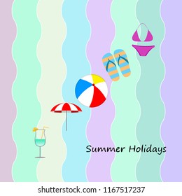 beach umbrella ball swimsuit flip flops cocktail summer holiday vector background