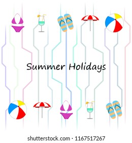 beach umbrella ball swimsuit flip flops cocktail summer holiday vector background