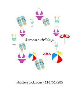 beach umbrella ball swimsuit flip flops cocktail summer holiday vector background beach umbrella ball swimsuit flip flops cocktail summer holiday vector background