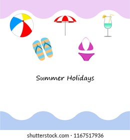 beach umbrella ball swimsuit flip flops cocktail summer holiday vector background