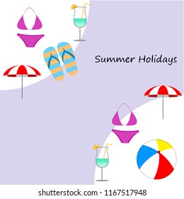beach umbrella ball swimsuit flip flops cocktail summer holiday vector background