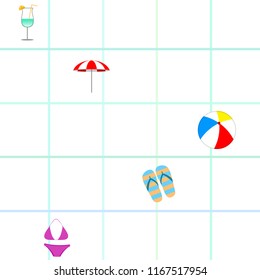 beach umbrella ball swimsuit flip flops cocktail summer holiday vector background