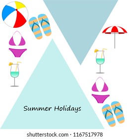 beach umbrella ball swimsuit flip flops cocktail summer holiday vector background