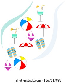 beach umbrella ball swimsuit flip flops cocktail summer holiday vector background