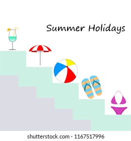 beach umbrella ball swimsuit flip flops cocktail summer holiday vector background