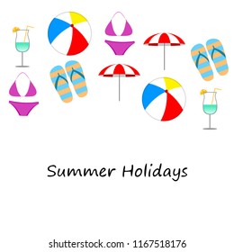 beach umbrella ball swimsuit flip flops cocktail summer holiday vector background