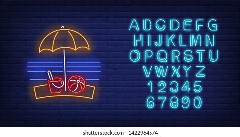 Beach umbrella, ball and toy bucket neon sign. Summer, holiday, vacation, resort design. Night bright neon sign, colorful billboard, light banner. Vector illustration in neon style.