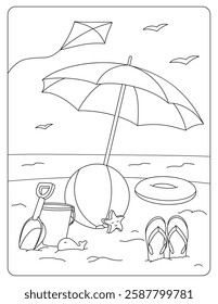 Beach. Umbrella, ball, toys for children. Children's coloring page.