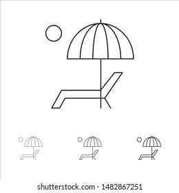 Beach, Umbrella, Bench, Enjoy, Summer Bold and thin black line icon set
