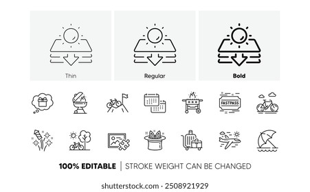 Guarda-chuva de praia, Bicicleta e Bagagem ícones da linha do carrinho. Pacote de bicicleta Mountain, foguete Fireworks, ícone do Calendário. Viagem de avião, Grelha a gás, Pictograma de imagem do quebra-cabeça. Hat-trick, proteção solar. Vetor