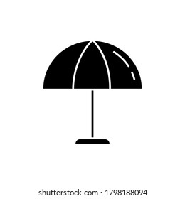 Beach umbrella black glyph icon. Parasol to protect from sun burn. Relax on resort. Shelter for hot weather. Sunbathing in summertime. Silhouette symbol on white space. Vector isolated illustration