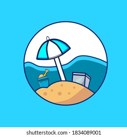 Beach, Umbrella, Bucket Vector Icon Illustration. Summer Holiday Icon Concept. Flat Cartoon Style Suitable for Web Landing Page, Banner, Sticker, Background
