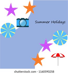 beach umbrella camera starfish summer holiday vector background