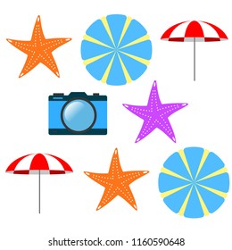beach umbrella camera starfish summer holiday vector background