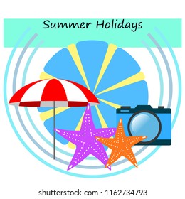 beach umbrella camera starfish summer holiday vector background