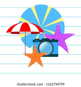 beach umbrella camera starfish summer holiday vector background