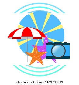 beach umbrella camera starfish summer holiday vector background