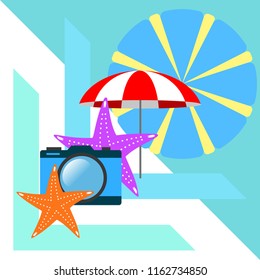 beach umbrella camera starfish summer holiday vector background