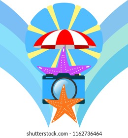 beach umbrella camera starfish summer holiday vector background