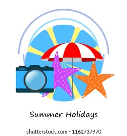 beach umbrella camera starfish summer holiday vector background