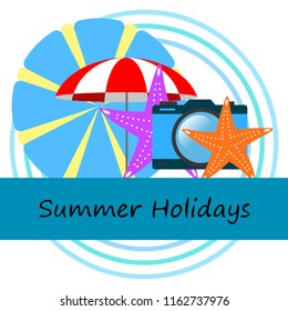 beach umbrella camera starfish summer holiday vector background