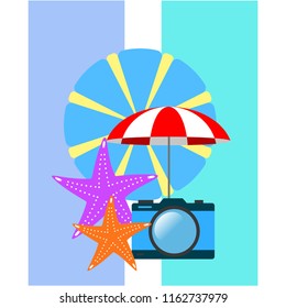 beach umbrella camera starfish summer holiday vector background