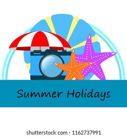 beach umbrella camera starfish summer holiday vector background