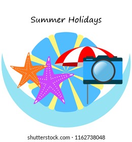 beach umbrella camera starfish summer holiday vector background