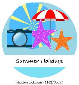 beach umbrella camera starfish summer holiday vector background