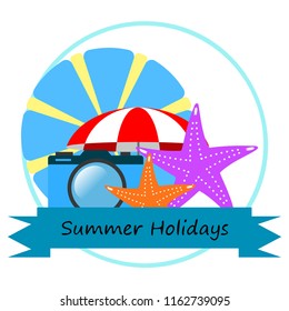 beach umbrella camera starfish summer holiday vector background