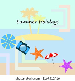 beach umbrella camera starfish summer holiday vector background