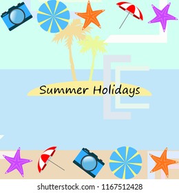 beach umbrella camera starfish summer holiday vector background