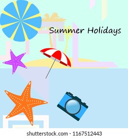 beach umbrella camera starfish summer holiday vector background