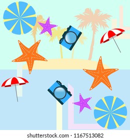 beach umbrella camera starfish summer holiday vector background