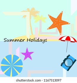 beach umbrella camera starfish summer holiday vector background