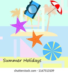 beach umbrella camera starfish summer holiday vector background