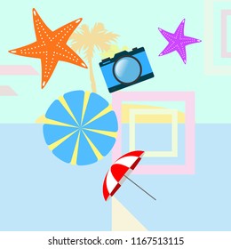 beach umbrella camera starfish summer holiday vector background
