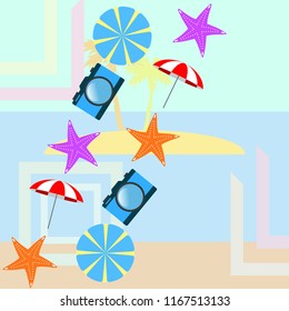 beach umbrella camera starfish summer holiday vector background