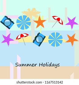 beach umbrella camera starfish summer holiday vector background