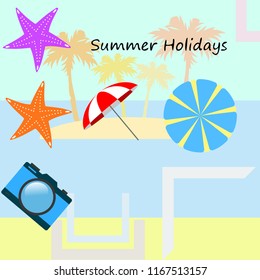 beach umbrella camera starfish summer holiday vector background