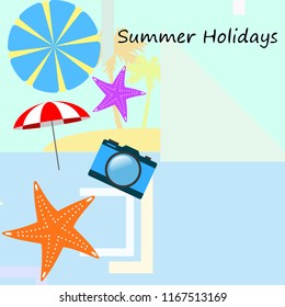 beach umbrella camera starfish summer holiday vector background
