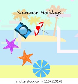 beach umbrella camera starfish summer holiday vector background