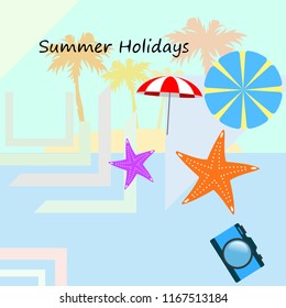 beach umbrella camera starfish summer holiday vector background