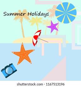 beach umbrella camera starfish summer holiday vector background