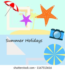beach umbrella camera starfish summer holiday vector background