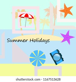 beach umbrella camera starfish summer holiday vector background